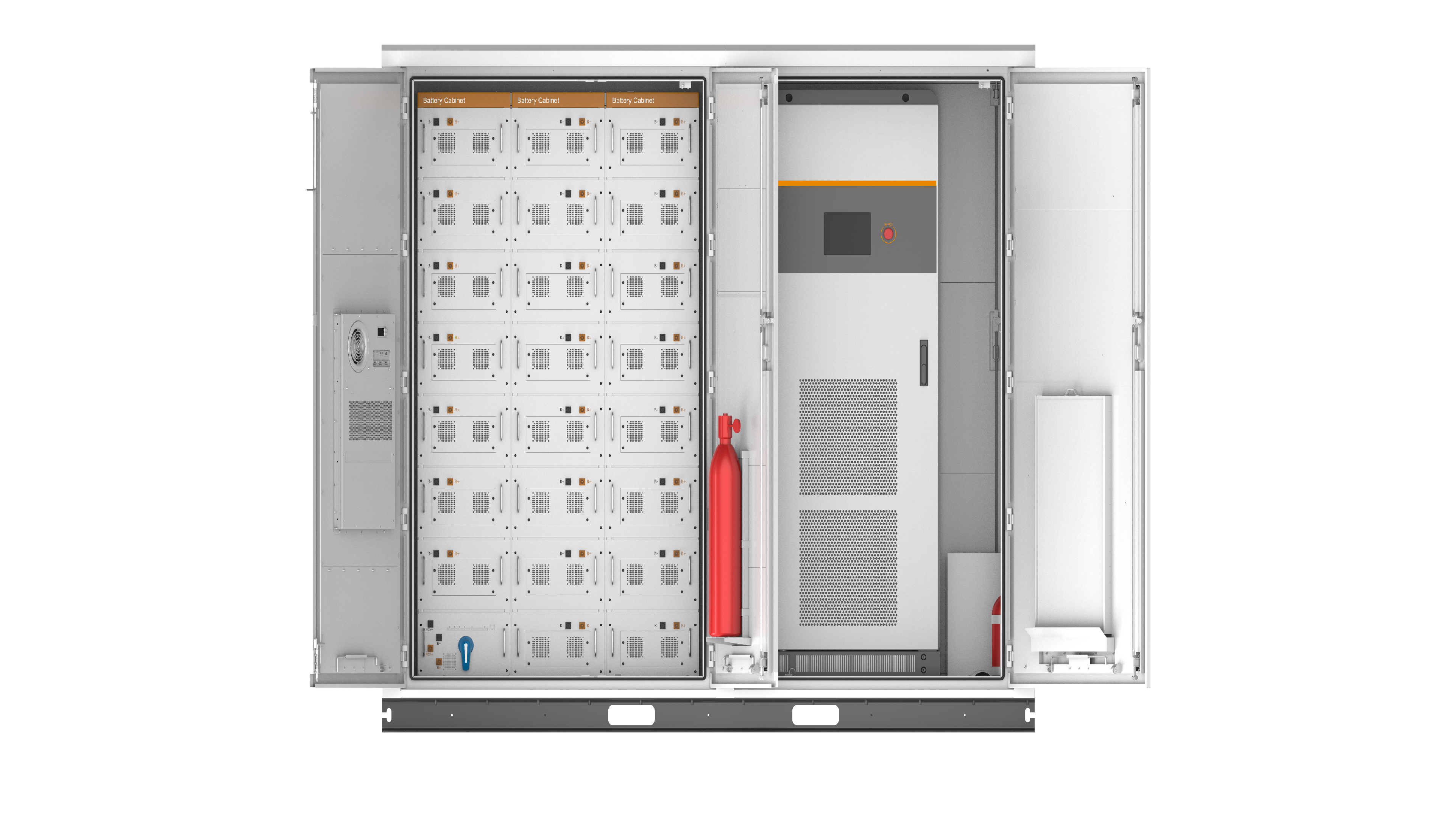 261度电光储一体机正面图，大型工业设备，太阳能板集成，储能电池组，现代化控制面板