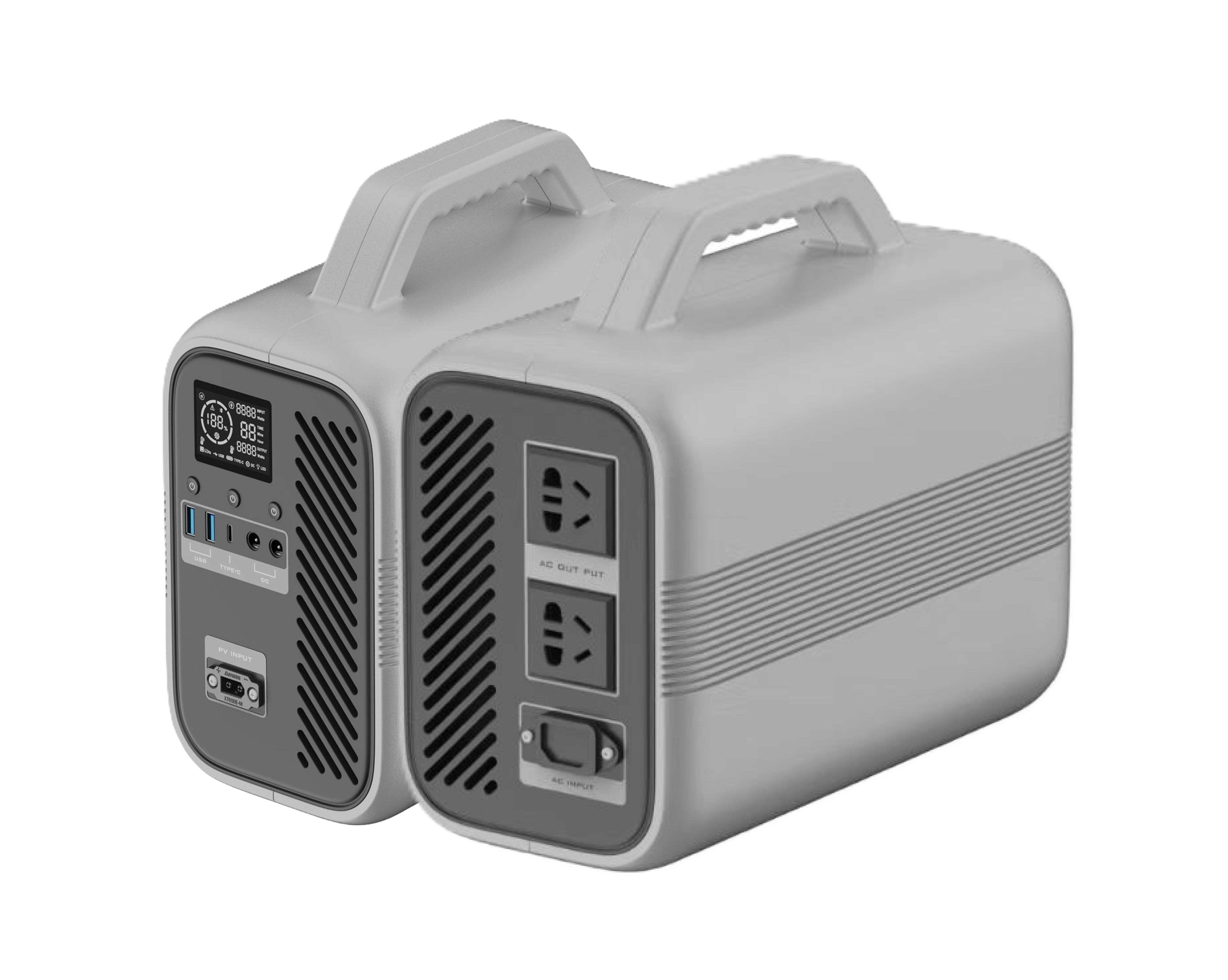 2度电固态便携储能设备侧面图，银色金属外壳，大容量电池组，坚固把手，专业防护设计